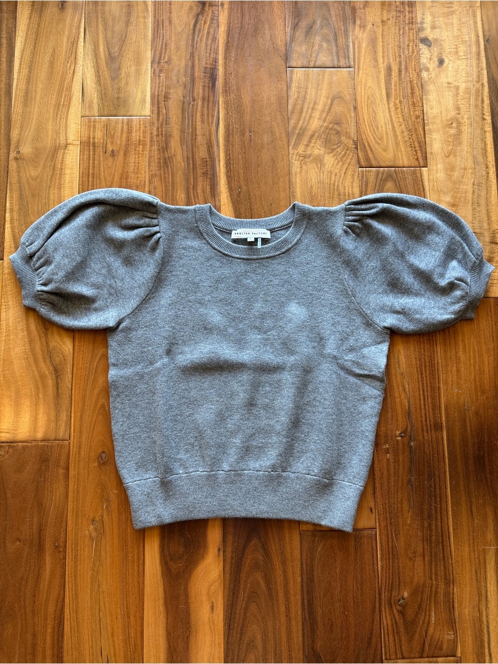 English Factory Gray Puff-Sleeve Crewneck Sweater